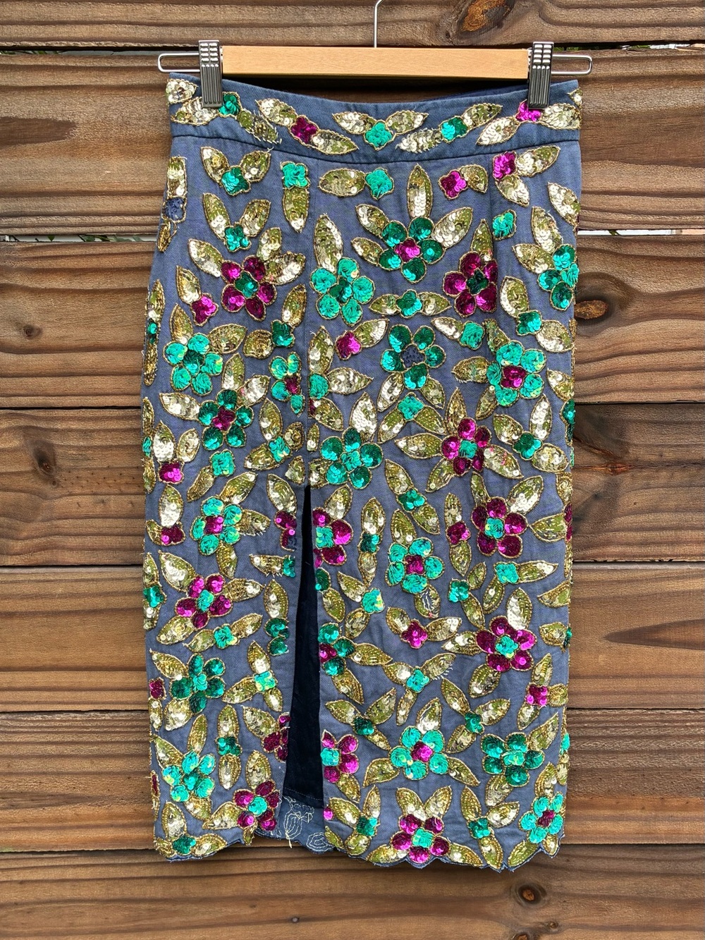Virgos Lounge Sequin Beaded Embellished Midi Pencil Skirt Small Blue Floral